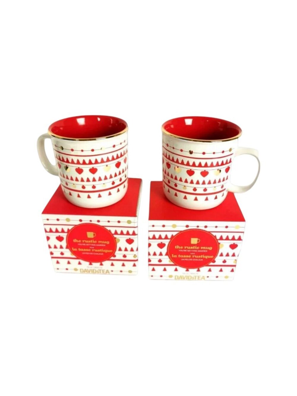Davids Tea Coffee Xmas Mug Lot 2 Cherry Red Holiday Nordic 13 oz Ceramic New